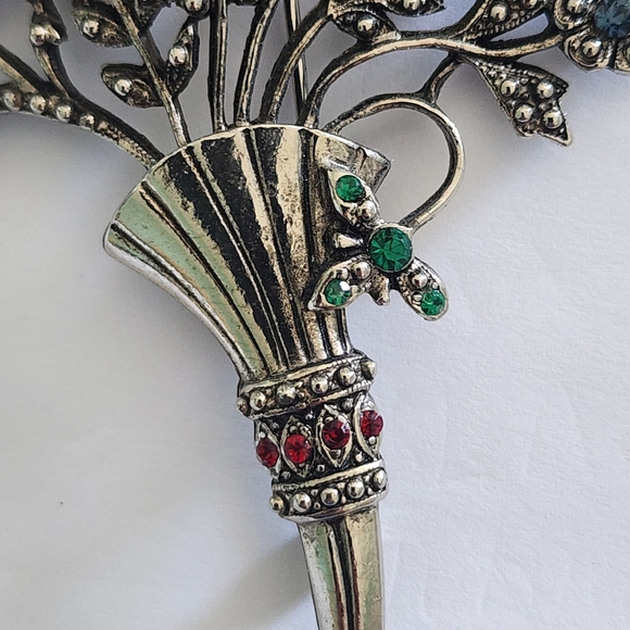 Vintage Fashion Jewelry Silver Tone Brooch with Red and Green Rhinestones - Picture 4 of 5